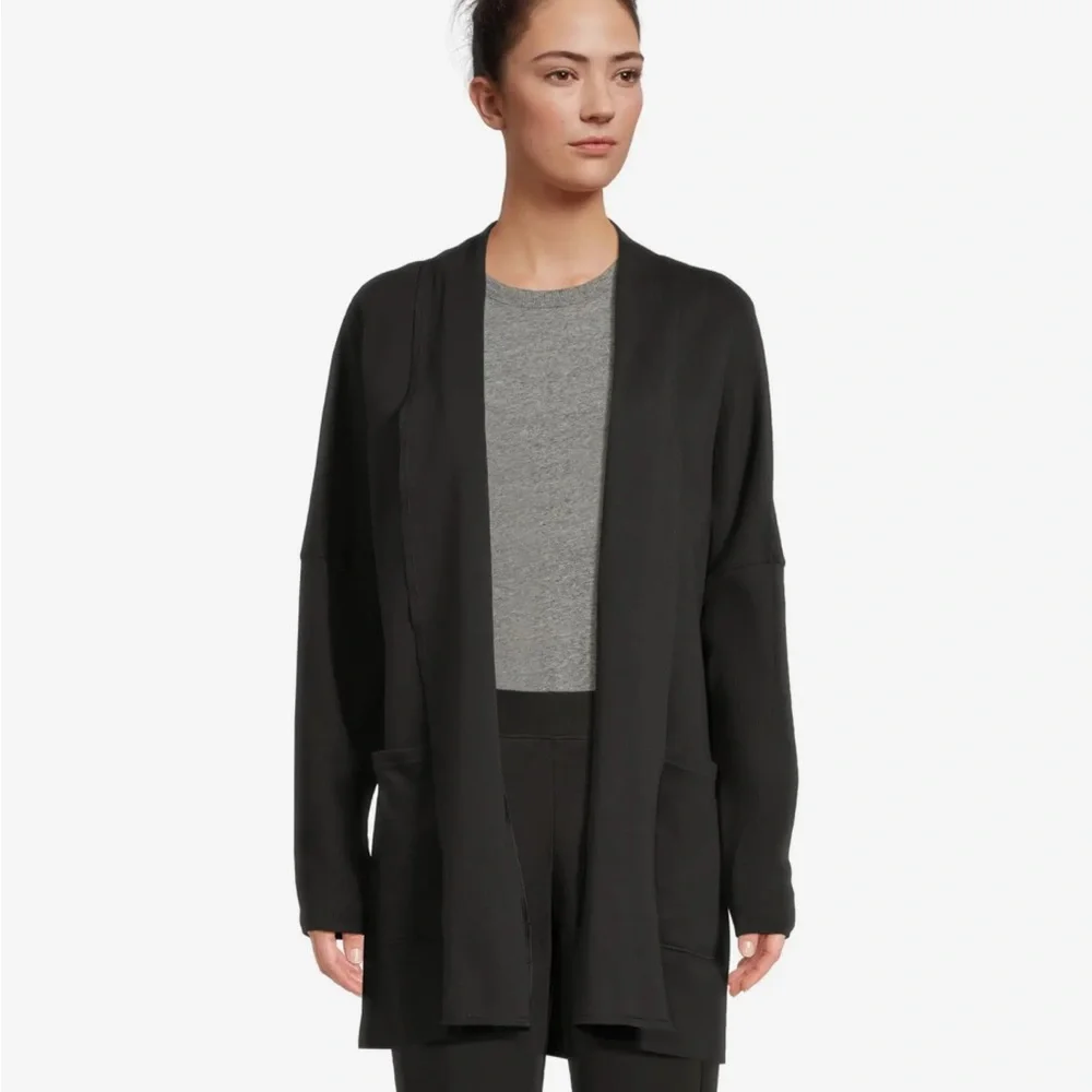 PACT Organic Cotton Airplane Wrap Cardigan Black Open Front Pockets‎ Capsule